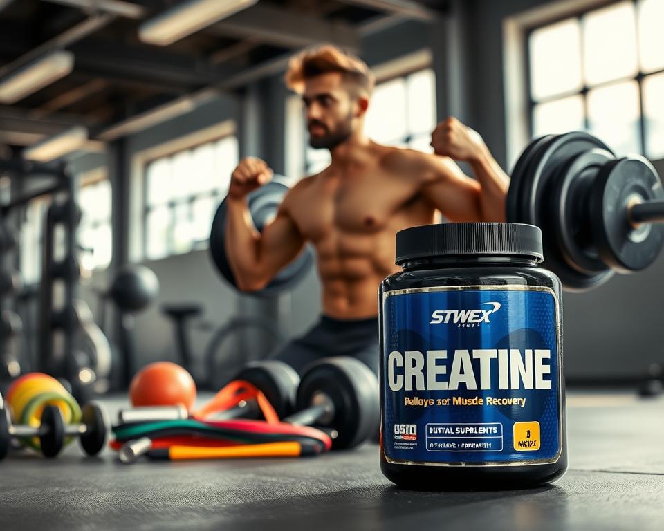 A dynamic scene showcasing a fitness enthusiast in a gym, visibly energized while performing a deadlift with weights, highlighting muscular definition and active engagement. In the foreground, a container of creatine supplements is positioned strategically, emphasizing its role in fitness. The middle ground features a vibrant assortment of gym equipment like dumbbells and resistance bands, illustrating a motivating workout environment. In the background, bright, natural lighting filters through large windows, creating a sense of openness and vitality. The atmosphere is intense yet encouraging, capturing the essence of athletic performance and muscle recovery. Focus on crisp details and a professional representation, ensuring the model is dressed in athletic attire.