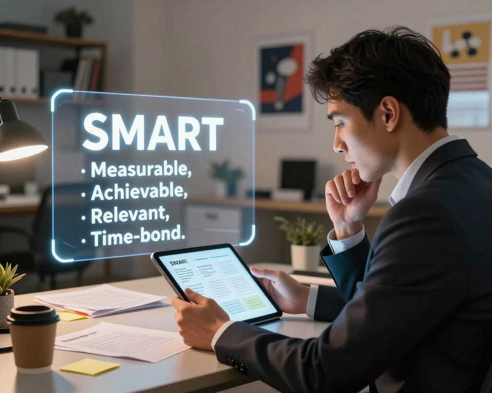 A focused and engaging illustration depicting the SMART goals method, emphasizing the common pitfalls in goal-setting. In the foreground, a professional man in business attire is thoughtfully reviewing a digital tablet displaying the SMART framework. In the middle ground, a large, transparent image of the SMART acronym (Specific, Measurable, Achievable, Relevant, Time-bound) overlays a desk cluttered with papers, sticky notes, and a coffee cup. The background features a modern office environment with bookshelves and motivational posters, symbolizing productivity and focus. Soft, ambient lighting casts a warm tone, creating a contemplative atmosphere, while a slight blur on the office background emphasizes the subject’s intense concentration on his goals.