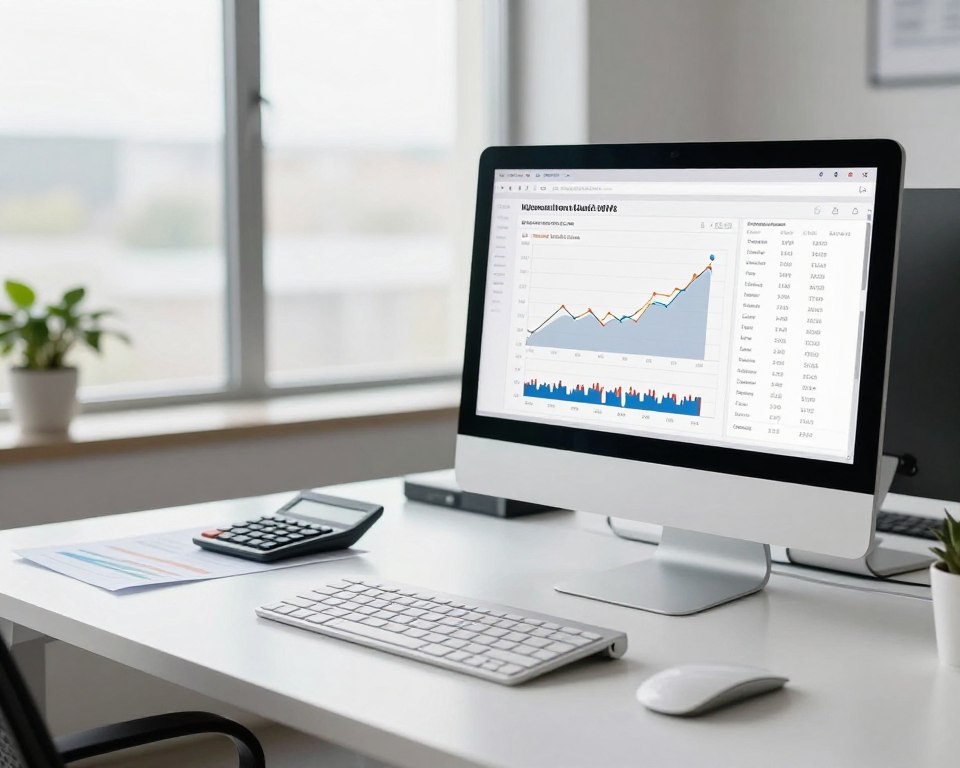 A focused office environment featuring a sleek, minimalist workstation. In the foreground, a modern desktop computer displays graphs of investment data, with a clear representation of operational costs and minimum deposit amounts for mutual funds and ETFs. The middle ground showcases a well-organized desk with financial documents and a calculator, emphasizing a professional business atmosphere. In the background, a large window lets in soft, natural light, creating a bright, optimistic mood. A subtle green plant in the corner adds a touch of life to the setting. The image should be framed at eye-level, with a depth of field that keeps the foreground sharp and slightly blurs the background to enhance focus on the investment theme. A focused office environment featuring a sleek, minimalist workstation. In the foreground, a modern desktop computer displays graphs of investment data, with a clear representation of operational costs and minimum deposit amounts for mutual funds and ETFs. The middle ground showcases a well-organized desk with financial documents and a calculator, emphasizing a professional business atmosphere. In the background, a large window lets in soft, natural light, creating a bright, optimistic mood. A subtle green plant in the corner adds a touch of life to the setting. The image should be framed at eye-level, with a depth of field that keeps the foreground sharp and slightly blurs the background to enhance focus on the investment theme.