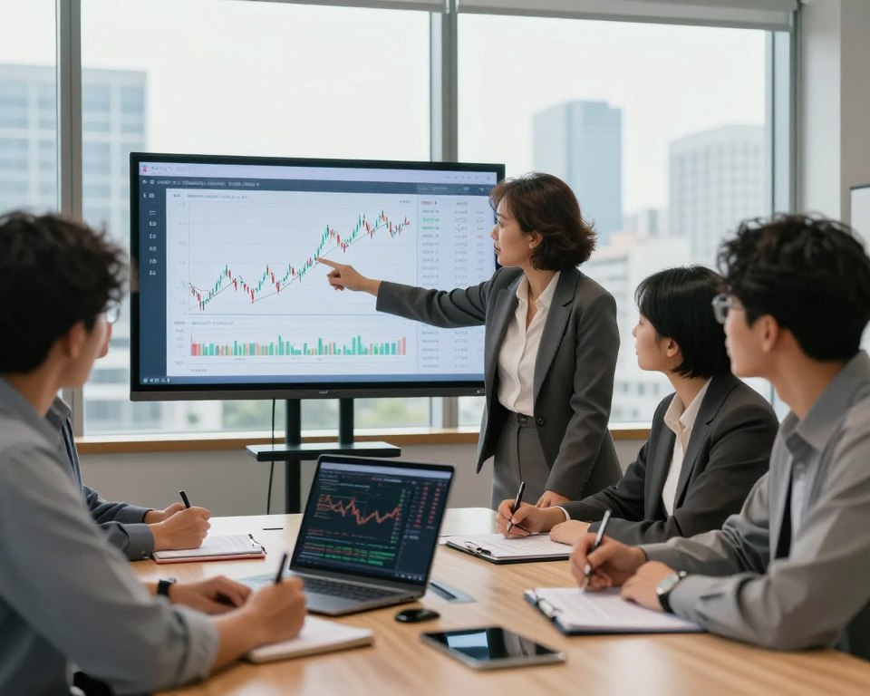 A focused, professional scene depicting a diverse group of individuals gathered around a conference table, analyzing stock charts and graphs on a large screen. In the foreground, a middle-aged woman in professional attire points towards a particular chart, while a young man takes notes intently. In the middle ground, a laptop is open with financial data visible, and several documents are spread out. The background features large windows with a city skyline, highlighting a modern office environment bathed in natural light. The mood is collaborative and insightful, emphasizing teamwork and informed decision-making. Use a soft, warm lighting to create an inviting atmosphere, with a slight depth of field to focus on the people and their activities. A focused, professional scene depicting a diverse group of individuals gathered around a conference table, analyzing stock charts and graphs on a large screen. In the foreground, a middle-aged woman in professional attire points towards a particular chart, while a young man takes notes intently. In the middle ground, a laptop is open with financial data visible, and several documents are spread out. The background features large windows with a city skyline, highlighting a modern office environment bathed in natural light. The mood is collaborative and insightful, emphasizing teamwork and informed decision-making. Use a soft, warm lighting to create an inviting atmosphere, with a slight depth of field to focus on the people and their activities.