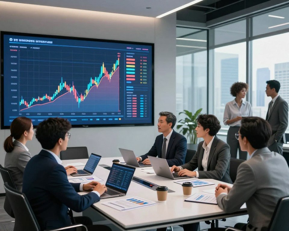 A futuristic office space with a sleek, modern aesthetic, focusing on a large digital screen displaying a colorful graph analyzing historical investment results. In the foreground, a diverse group of professionals in business attire, including men and women of various ethnicities, are engaged in discussion over the data. The middle area features a stylish conference table with laptops, financial reports, and coffee cups. The background includes large glass windows showcasing a city skyline and natural light flooding the room. Soft, ambient lighting enhances a professional and collaborative atmosphere, while the camera angle highlights the interaction between the people and the data. The image conveys an analytical and innovative mood, perfect for illustrating financial insights. A futuristic office space with a sleek, modern aesthetic, focusing on a large digital screen displaying a colorful graph analyzing historical investment results. In the foreground, a diverse group of professionals in business attire, including men and women of various ethnicities, are engaged in discussion over the data. The middle area features a stylish conference table with laptops, financial reports, and coffee cups. The background includes large glass windows showcasing a city skyline and natural light flooding the room. Soft, ambient lighting enhances a professional and collaborative atmosphere, while the camera angle highlights the interaction between the people and the data. The image conveys an analytical and innovative mood, perfect for illustrating financial insights.
