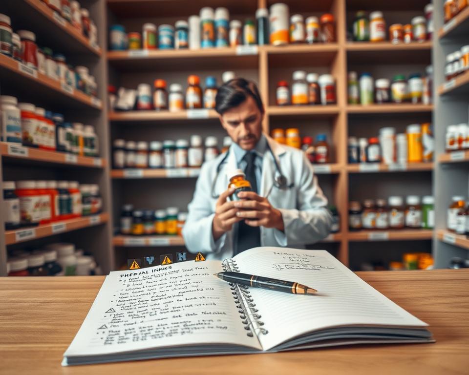 A meticulously arranged pharmacy shelf filled with various colorful medicine bottles and dietary supplements, each labeled clearly. In the foreground, a open notepad and pen are placed, showcasing a doctor's handwritten notes on drug interactions, surrounded by small icons representing potential risks, like a warning sign. The middle ground features an illustration of a doctor in a professional outfit, examining a bottle of supplements with a concerned expression, symbolizing caution. In the background, soft focus on shelves and a subtle gradient of warm light creates an inviting atmosphere. The angle captures the doctor from a slightly low perspective, emphasizing the importance of understanding drug interactions. Overall, the scene conveys a serious yet educational mood, highlighting the potential dangers of supplements interacting with medications. A meticulously arranged pharmacy shelf filled with various colorful medicine bottles and dietary supplements, each labeled clearly. In the foreground, a open notepad and pen are placed, showcasing a doctor's handwritten notes on drug interactions, surrounded by small icons representing potential risks, like a warning sign. The middle ground features an illustration of a doctor in a professional outfit, examining a bottle of supplements with a concerned expression, symbolizing caution. In the background, soft focus on shelves and a subtle gradient of warm light creates an inviting atmosphere. The angle captures the doctor from a slightly low perspective, emphasizing the importance of understanding drug interactions. Overall, the scene conveys a serious yet educational mood, highlighting the potential dangers of supplements interacting with medications.