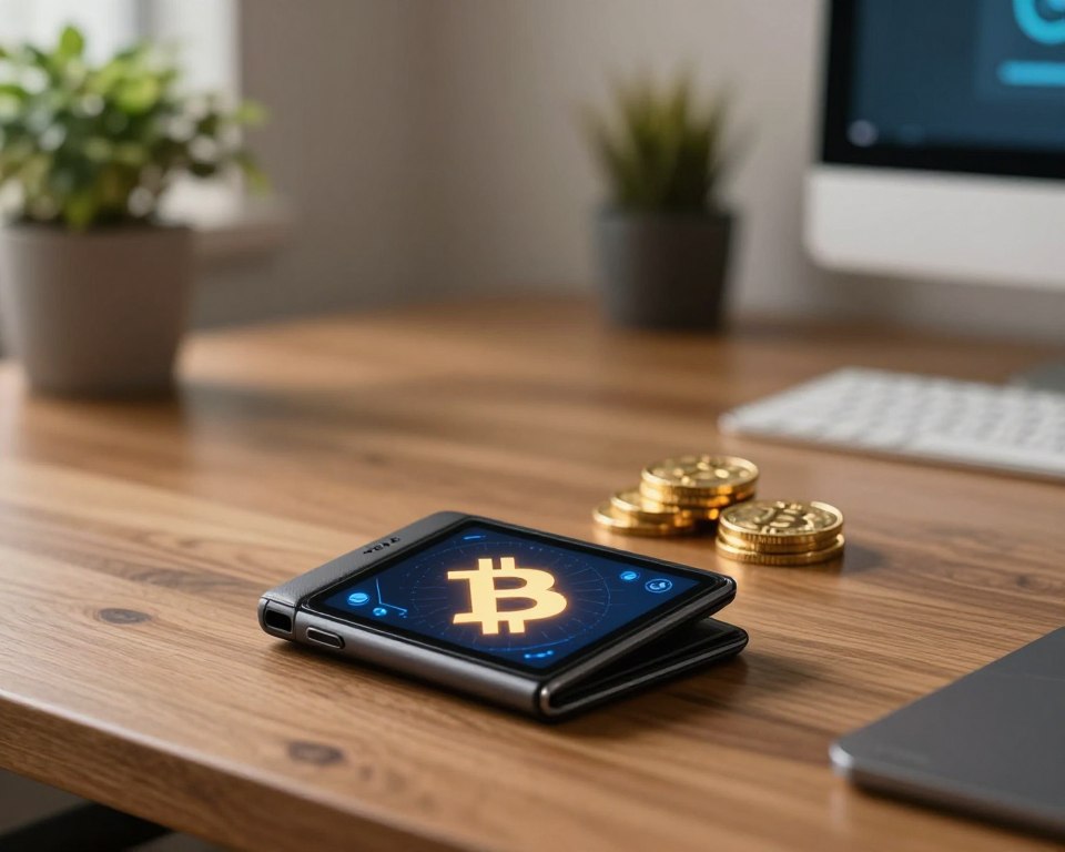 A modern digital wallet showcasing Bitcoin as the central theme. In the foreground, a sleek, open digital wallet displayed on a polished wooden desk, with Bitcoin symbols illuminated on its screen. In the middle ground, a few gold coins representing Bitcoin, stacked neatly beside the wallet. The background features a sophisticated home office environment with potted plants and subtle technological elements, softly blurred to maintain focus on the wallet. Soft, warm lighting enhances the ambiance, creating a secure and inviting atmosphere. The scene is captured from a slightly elevated angle, emphasizing both the wallet and the Bitcoin coins, conveying an atmosphere of professionalism and security without any text or distractions. A modern digital wallet showcasing Bitcoin as the central theme. In the foreground, a sleek, open digital wallet displayed on a polished wooden desk, with Bitcoin symbols illuminated on its screen. In the middle ground, a few gold coins representing Bitcoin, stacked neatly beside the wallet. The background features a sophisticated home office environment with potted plants and subtle technological elements, softly blurred to maintain focus on the wallet. Soft, warm lighting enhances the ambiance, creating a secure and inviting atmosphere. The scene is captured from a slightly elevated angle, emphasizing both the wallet and the Bitcoin coins, conveying an atmosphere of professionalism and security without any text or distractions.