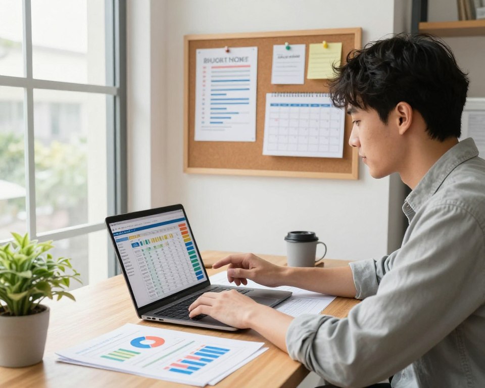 A modern home office setting with a well-organized desk covered in financial documents, colorful charts, and a laptop displaying a budgeting app. In the foreground, a focused young adult wearing smart casual attire analyzes numbers on a spreadsheet. In the middle layer, a corkboard on the wall displays pinned budget tips and a calendar with marked savings goals. In the background, large windows let in natural light, casting a warm glow across the space. The atmosphere is productive and optimistic, emphasizing the concept of budget optimization with elements like a potted plant and a coffee mug, adding a touch of comfort. The image should capture a clear sense of purpose and financial empowerment.