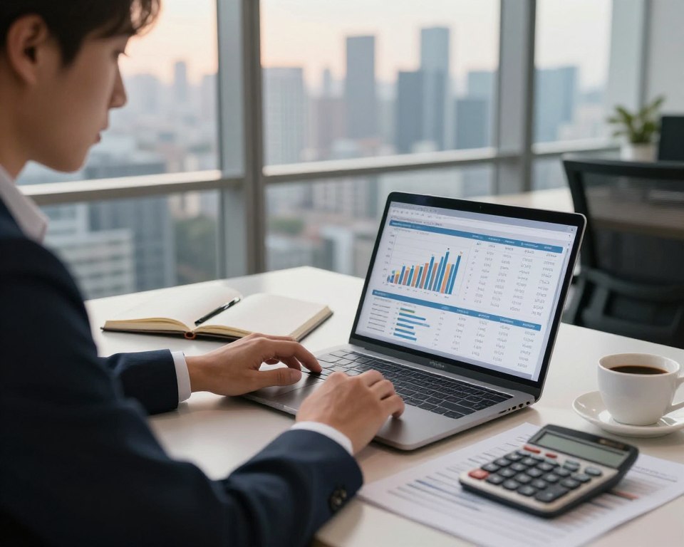 A modern office interior featuring a professional-looking person in business attire analyzing financial data on a laptop with charts and graphs displayed on the screen. In the foreground, the individual is thoughtfully reviewing account costs associated with a brokerage account, surrounded by financial documents and a calculator, hinting at the complexities of managing such an account. The middle layer includes a stylish desk with an open notebook and a cup of coffee, creating a productive atmosphere. In the background, a large window reveals a city skyline, illuminated by soft daylight, enhancing the atmosphere of professionalism and focus. The lighting is warm and inviting, emphasizing a sense of clarity and purpose in the financial realm. A modern office interior featuring a professional-looking person in business attire analyzing financial data on a laptop with charts and graphs displayed on the screen. In the foreground, the individual is thoughtfully reviewing account costs associated with a brokerage account, surrounded by financial documents and a calculator, hinting at the complexities of managing such an account. The middle layer includes a stylish desk with an open notebook and a cup of coffee, creating a productive atmosphere. In the background, a large window reveals a city skyline, illuminated by soft daylight, enhancing the atmosphere of professionalism and focus. The lighting is warm and inviting, emphasizing a sense of clarity and purpose in the financial realm.