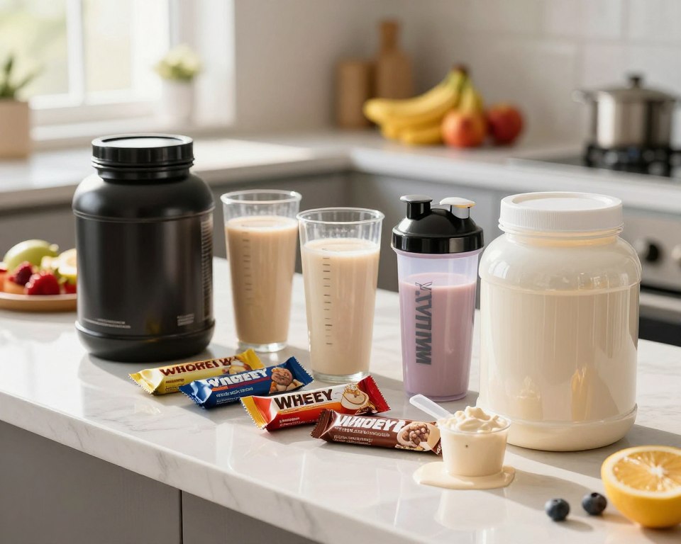 A modern, well-lit kitchen countertop featuring various protein supplements, including protein powder containers and protein bars in stylish packaging. In the foreground, focus on an open container of whey protein with a scoop beside it, showcasing its creamy texture. In the middle, arrange several colorful protein bars and shaker bottles filled with protein shakes, reflecting a variety of flavors and brands. The background should include a blurred view of fresh fruits like bananas and berries, emphasizing healthy eating. Natural sunlight streams in through a window, creating a warm and inviting atmosphere. The overall mood should be energetic and motivating, appealing to fitness enthusiasts looking for protein supplement options. A modern, well-lit kitchen countertop featuring various protein supplements, including protein powder containers and protein bars in stylish packaging. In the foreground, focus on an open container of whey protein with a scoop beside it, showcasing its creamy texture. In the middle, arrange several colorful protein bars and shaker bottles filled with protein shakes, reflecting a variety of flavors and brands. The background should include a blurred view of fresh fruits like bananas and berries, emphasizing healthy eating. Natural sunlight streams in through a window, creating a warm and inviting atmosphere. The overall mood should be energetic and motivating, appealing to fitness enthusiasts looking for protein supplement options.