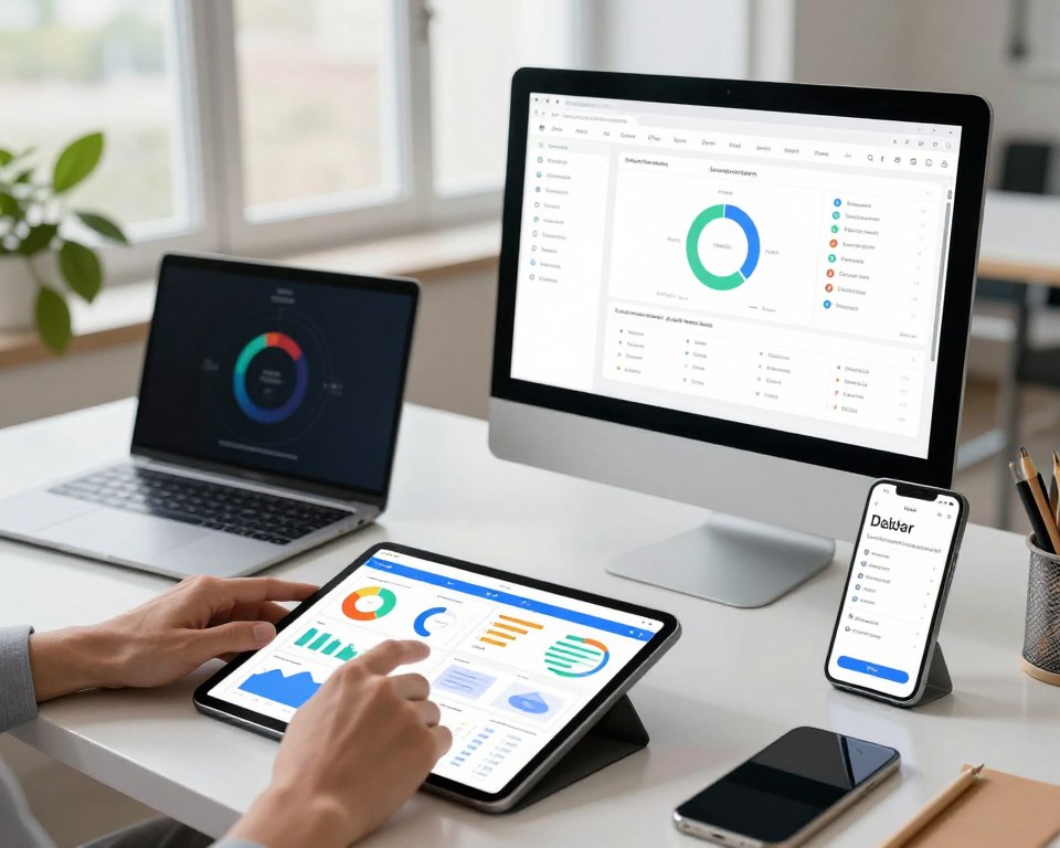 A modern workspace depicting the integration of habit-tracking tools, featuring a sleek desktop with multiple digital applications open on the screen. In the foreground, a light hand is seen interacting with a tablet displaying colorful graphs and progress trackers. The middle ground includes a stylish laptop, a smartphone showing synced notifications, and organized stationery. In the background, large windows letting in soft natural light illuminate the space, complemented by a green plant for a touch of vitality. The scene conveys a sense of productivity and efficiency, highlighting the seamless synchronization of data across devices, with a clean and inspiring atmosphere. The overall mood is professional and motivating, encapsulating the essence of integrating technology for habit formation.