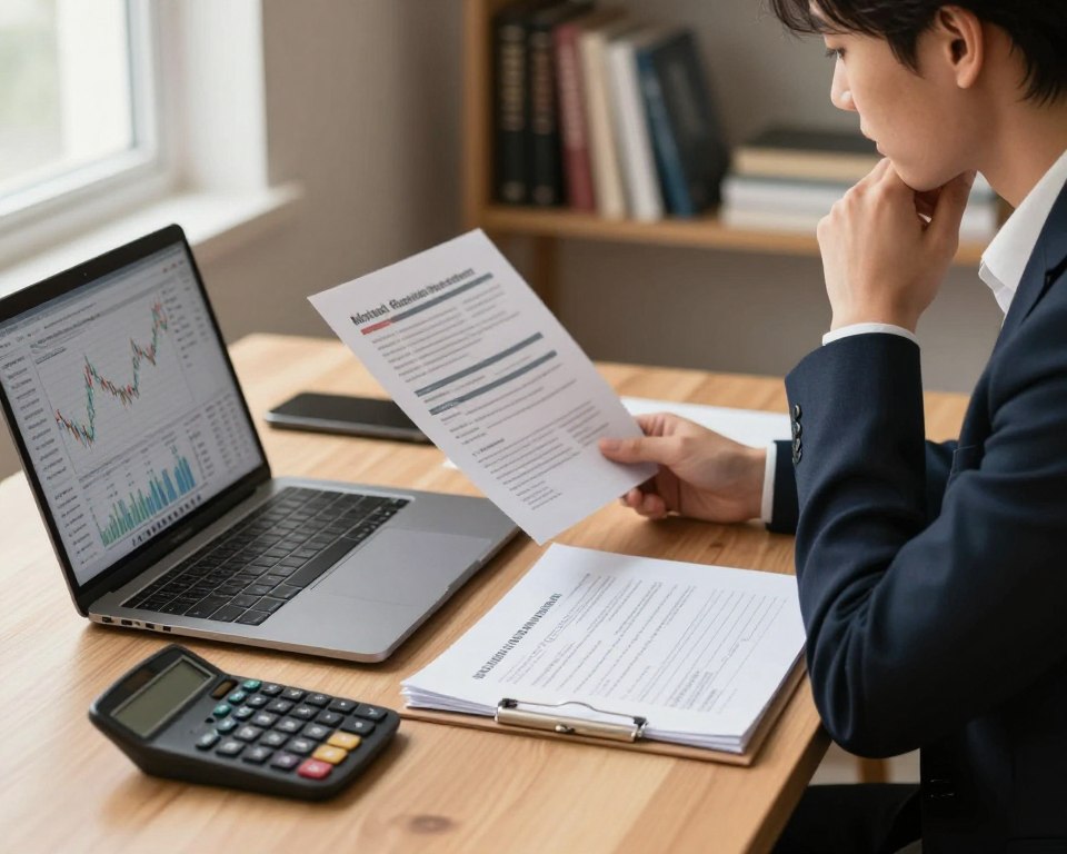A neatly arranged desk featuring essential elements for opening a brokerage account. In the foreground, a stylish laptop displays a financial chart, alongside a sleek calculator and a stack of documents detailing minimal requirements and costs. The middle ground includes a person in professional business attire, thoughtfully reviewing a financial plan, with an expression of concentration. Soft, warm lighting from a nearby window casts a gentle glow, enhancing the focus on the desk. The background features a blurred bookshelf filled with finance-related books, conveying a sense of professionalism and knowledge. The overall atmosphere is calm and focused, emphasizing clarity and preparation in financial decisions. A neatly arranged desk featuring essential elements for opening a brokerage account. In the foreground, a stylish laptop displays a financial chart, alongside a sleek calculator and a stack of documents detailing minimal requirements and costs. The middle ground includes a person in professional business attire, thoughtfully reviewing a financial plan, with an expression of concentration. Soft, warm lighting from a nearby window casts a gentle glow, enhancing the focus on the desk. The background features a blurred bookshelf filled with finance-related books, conveying a sense of professionalism and knowledge. The overall atmosphere is calm and focused, emphasizing clarity and preparation in financial decisions.