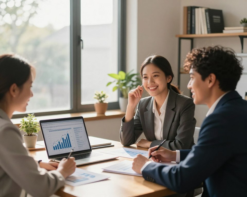 A peaceful and inspiring office environment symbolizing financial independence, featuring a wooden desk with a laptop displaying financial graphs and savings plans. In the foreground, a diverse group of three individuals dressed in professional business attire, discussing strategies, with bright smiles reflecting hope and determination. The middle area showcases an open window with sunlight streaming in, illuminating the charts and a small indoor plant, symbolizing growth. The background includes shelves with books on personal finance and investment. Soft, warm lighting creates an optimistic and motivating atmosphere, emphasizing collaboration and forward-thinking in achieving financial freedom. The angle captures both the subjects and their workspace in a dynamic composition.