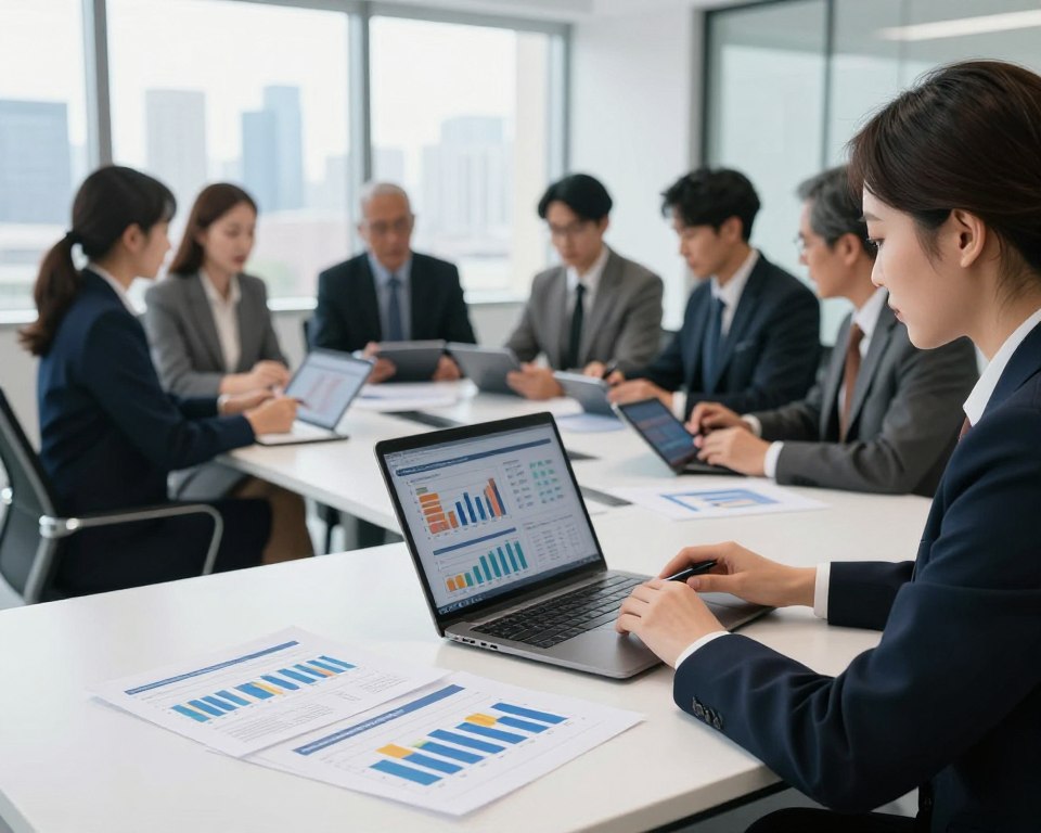 A professional and polished office environment showcasing examples of investment calculations and scenarios. In the foreground, a neatly arranged desk with financial documents, graphs, and a laptop displaying investment charts. The middle ground features a sleek conference table with a diverse group of business professionals in formal attire engaged in discussion, analyzing projections on digital tablets. The background reveals a large window with a city skyline view, showcasing a bright yet soft natural light illuminating the workspace. The atmosphere is focused and collaborative, conveying a sense of strategy and clarity in investment decision-making. The image is sharp with a shallow depth of field, emphasizing the foreground while slightly blurring the background for a dynamic look. A professional and polished office environment showcasing examples of investment calculations and scenarios. In the foreground, a neatly arranged desk with financial documents, graphs, and a laptop displaying investment charts. The middle ground features a sleek conference table with a diverse group of business professionals in formal attire engaged in discussion, analyzing projections on digital tablets. The background reveals a large window with a city skyline view, showcasing a bright yet soft natural light illuminating the workspace. The atmosphere is focused and collaborative, conveying a sense of strategy and clarity in investment decision-making. The image is sharp with a shallow depth of field, emphasizing the foreground while slightly blurring the background for a dynamic look.
