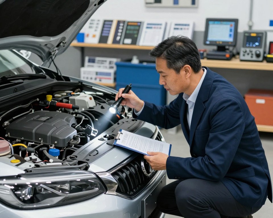 A professional automotive inspector examining a car in a well-lit garage, showcasing the thorough inspection process. In the foreground, a middle-aged male inspector in a navy blue blazer is crouched next to a sleek, silver sedan, using a flashlight to check the engine compartment. The middle ground features various tools and a checklist on a clipboard, illustrating the meticulous nature of the car inspection. In the background, shelves filled with automotive manuals and diagnostic equipment establish a professional environment. The lighting is bright and focused, creating a mood of diligence and expertise. Capture a dynamic angle that highlights the inspector's concentration and the car's features, conveying the importance of pre-purchase automotive checks. A professional automotive inspector examining a car in a well-lit garage, showcasing the thorough inspection process. In the foreground, a middle-aged male inspector in a navy blue blazer is crouched next to a sleek, silver sedan, using a flashlight to check the engine compartment. The middle ground features various tools and a checklist on a clipboard, illustrating the meticulous nature of the car inspection. In the background, shelves filled with automotive manuals and diagnostic equipment establish a professional environment. The lighting is bright and focused, creating a mood of diligence and expertise. Capture a dynamic angle that highlights the inspector's concentration and the car's features, conveying the importance of pre-purchase automotive checks.