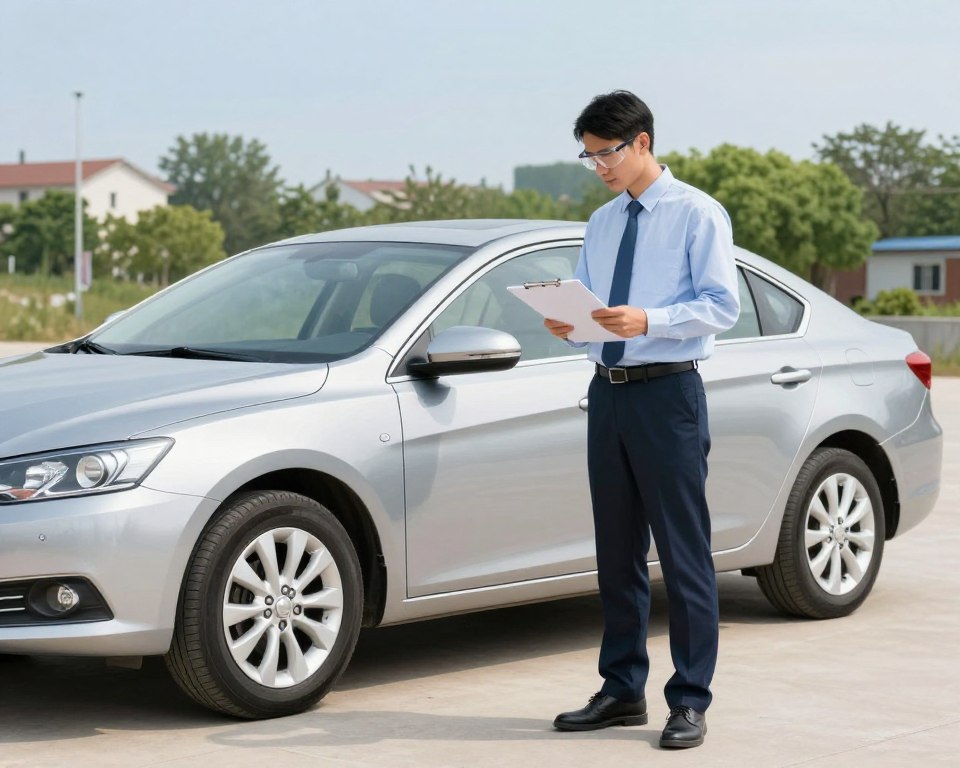 A professional automotive inspector examining a car on-site in a well-lit outdoor environment, standing beside a modest sedan. The foreground features the inspector in smart casual attire, holding a clipboard and wearing safety goggles, focused intently on inspecting the vehicle. In the middle ground, the car is parked on a clean, clear surface, showing its features like the tires, body condition, and exterior details. The background includes a suburban landscape with green trees and a clear blue sky, suggesting a peaceful day. Soft, natural lighting highlights the scene, creating a balanced and professional atmosphere, emphasizing thoroughness and diligence in the car inspection process. A professional automotive inspector examining a car on-site in a well-lit outdoor environment, standing beside a modest sedan. The foreground features the inspector in smart casual attire, holding a clipboard and wearing safety goggles, focused intently on inspecting the vehicle. In the middle ground, the car is parked on a clean, clear surface, showing its features like the tires, body condition, and exterior details. The background includes a suburban landscape with green trees and a clear blue sky, suggesting a peaceful day. Soft, natural lighting highlights the scene, creating a balanced and professional atmosphere, emphasizing thoroughness and diligence in the car inspection process.