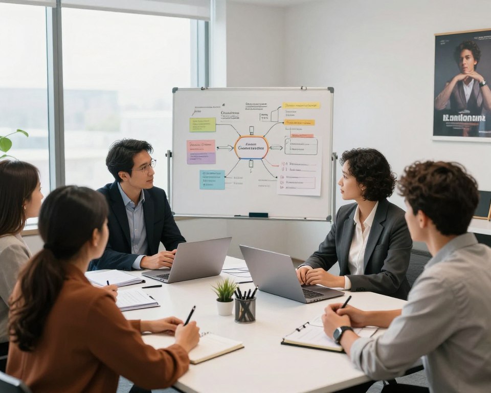 A professional coaching session in a modern office setting, showcasing various coaching techniques and tools. In the foreground, a diverse group of individuals — a male coach in business attire, a female client in smart casual clothing, and a male client dressed modestly — engaged in a focused conversation around a table filled with coaching materials like notebooks, pens, and a laptop. The middle ground features a whiteboard with colorful diagrams and mind maps illustrating coaching concepts. The background reveals large windows allowing soft, natural light to fill the space, with motivational posters subtly placed on the walls. The atmosphere is open, collaborative, and inspiring, capturing the essence of personal development and growth in coaching. Use a slightly elevated angle to showcase the interaction and tools effectively.