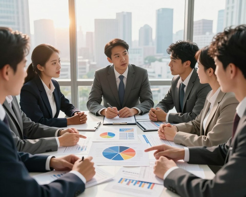 A professional financial advisor in a business suit, engaged in a deep discussion with a diverse group of individuals representing different backgrounds and genders, all dressed in business attire. They are gathered around a large table covered with charts, graphs, and financial reports depicting various investment strategies like stocks and ETFs. The foreground features hands pointing at a pie chart illustrating diversification in a portfolio, symbolizing balance and strategy. The middle ground shows focused expressions on the faces of the participants, suggesting collaboration and insight. In the background, a large window reveals a city skyline, bathed in warm, natural sunlight, creating an inviting and hopeful atmosphere for investment and growth. The scene captures a sense of professionalism, teamwork, and the pivotal role of diversification in building effective portfolios. A professional financial advisor in a business suit, engaged in a deep discussion with a diverse group of individuals representing different backgrounds and genders, all dressed in business attire. They are gathered around a large table covered with charts, graphs, and financial reports depicting various investment strategies like stocks and ETFs. The foreground features hands pointing at a pie chart illustrating diversification in a portfolio, symbolizing balance and strategy. The middle ground shows focused expressions on the faces of the participants, suggesting collaboration and insight. In the background, a large window reveals a city skyline, bathed in warm, natural sunlight, creating an inviting and hopeful atmosphere for investment and growth. The scene captures a sense of professionalism, teamwork, and the pivotal role of diversification in building effective portfolios.