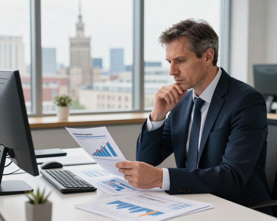 A professional financial analyst seated at a modern office desk, reviewing a comprehensive report on Polish savings trends. The foreground displays a neatly organized workspace with graphs and charts illuminated by soft, natural light coming through a large window. The analyst, a middle-aged individual dressed in smart business attire, appears focused and contemplative, capturing the seriousness of financial analysis. In the background, a cityscape of Warsaw is visible, with a skyline that features both historic and modern architecture. The atmosphere is one of introspection and clarity, emphasizing the importance of understanding the current financial situation of Polish citizens. The image should exude professionalism, competence, and a sense of urgency regarding financial awareness.