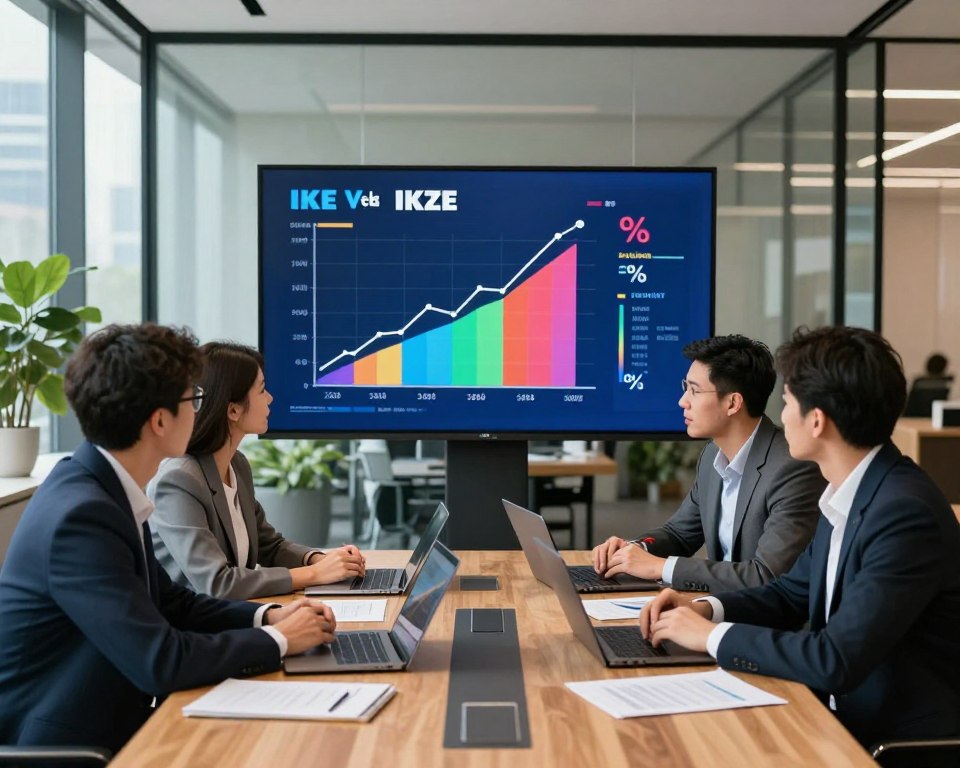 A professional investment setting showcasing the concept of investing through IKE and IKZE. In the foreground, a diverse group of three individuals—two men and one woman—are engaged in a collaborative discussion around a sleek wooden conference table, equipped with laptops and financial documents. The middle ground features a large screen displaying a colorful graph illustrating investment growth and percentage distributions, symbolizing the benefits of IKE and IKZE. In the background, a contemporary office with glass walls, greenery, and city views can be seen, conveying a modern and prosperous atmosphere. Soft, natural lighting streams through large windows, creating an inviting and professional mood. The characters are dressed in business attire, reflecting a serious yet optimistic approach to investment. A professional investment setting showcasing the concept of investing through IKE and IKZE. In the foreground, a diverse group of three individuals—two men and one woman—are engaged in a collaborative discussion around a sleek wooden conference table, equipped with laptops and financial documents. The middle ground features a large screen displaying a colorful graph illustrating investment growth and percentage distributions, symbolizing the benefits of IKE and IKZE. In the background, a contemporary office with glass walls, greenery, and city views can be seen, conveying a modern and prosperous atmosphere. Soft, natural lighting streams through large windows, creating an inviting and professional mood. The characters are dressed in business attire, reflecting a serious yet optimistic approach to investment.