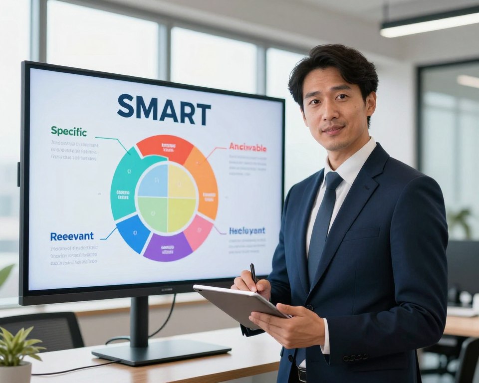 A professional man in a business suit stands confidently in an office setting, analyzing a large, colorful SMART goals diagram displayed on a sleek digital screen. The foreground features a clear focus on a well-dressed man with an engaging expression, taking notes on a digital tablet in his hands. In the middle ground, the SMART goals diagram showcases specific, measurable, achievable, relevant, and time-bound elements with vibrant colors and appealing graphics. The background reveals a modern office with large windows, allowing natural light to flood the room, creating a warm and motivational atmosphere. The angle captures both the man and the diagram, emphasizing the importance of goal-setting and motivation. The overall mood is inspiring and professional, ideal for illustrating goal-setting techniques.