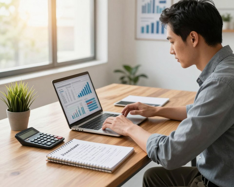 A professional man in smart casual attire, seated at a modern wooden desk, intently analyzing financial charts and graphs on a laptop. In the foreground, include a notepad filled with handwritten notes on saving and investing strategies. The middle ground showcases an array of financial tools, such as a calculator and a small potted plant for a touch of greenery. In the background, large windows let in warm, natural light, creating a bright and inviting atmosphere. Emphasize a clean, organized workspace with a motivational financial poster on the wall, conveying focus and determination. Capture the mood of inspiration and productivity in a contemporary office setting, with a shallow depth of field that blurs the background slightly, directing attention to the subject.
