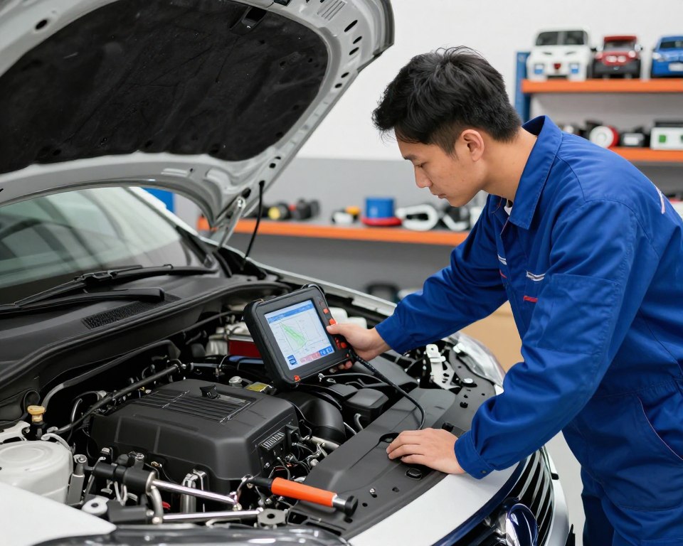 A professional mechanic inspecting a vehicle in a well-lit garage, showcasing the process of a technical vehicle inspection before purchase. In the foreground, the mechanic, dressed in a blue coverall, is using a diagnostic tool on the car's dashboard, concentrating on the intricate details of the electronic systems. In the middle ground, the car's hood is open, revealing the engine, with various tools and inspection items scattered around, emphasizing the thoroughness of the check. The background features shelves with car parts and tools, subtly illuminated, creating a focused yet welcoming atmosphere. The lighting is bright, emphasizing clarity and professionalism, while the angle is slightly overhead, capturing the mechanic's diligence and the car's technical aspects. A professional mechanic inspecting a vehicle in a well-lit garage, showcasing the process of a technical vehicle inspection before purchase. In the foreground, the mechanic, dressed in a blue coverall, is using a diagnostic tool on the car's dashboard, concentrating on the intricate details of the electronic systems. In the middle ground, the car's hood is open, revealing the engine, with various tools and inspection items scattered around, emphasizing the thoroughness of the check. The background features shelves with car parts and tools, subtly illuminated, creating a focused yet welcoming atmosphere. The lighting is bright, emphasizing clarity and professionalism, while the angle is slightly overhead, capturing the mechanic's diligence and the car's technical aspects.