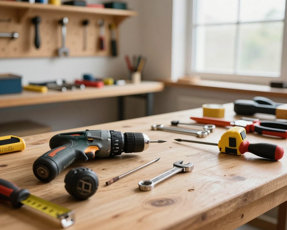 A professional workshop environment showcasing a selection of tools on a wooden workbench. In the foreground, prominently placed are a drill and a screwdriver, both gleaming, with a measuring tape and a manual lying beside them. In the middle, various other tools like wrenches and pliers are neatly organized, creating an inviting atmosphere for DIY enthusiasts. The background features a well-lit wall with pegboards displaying additional tools, emphasizing organization and accessibility. Soft, natural lighting streams in from a large window, highlighting the textures of the wood and metal, creating a warm, productive feel. The scene conveys a sense of readiness and inspiration for choosing the right tool for one's needs. A professional workshop environment showcasing a selection of tools on a wooden workbench. In the foreground, prominently placed are a drill and a screwdriver, both gleaming, with a measuring tape and a manual lying beside them. In the middle, various other tools like wrenches and pliers are neatly organized, creating an inviting atmosphere for DIY enthusiasts. The background features a well-lit wall with pegboards displaying additional tools, emphasizing organization and accessibility. Soft, natural lighting streams in from a large window, highlighting the textures of the wood and metal, creating a warm, productive feel. The scene conveys a sense of readiness and inspiration for choosing the right tool for one's needs.