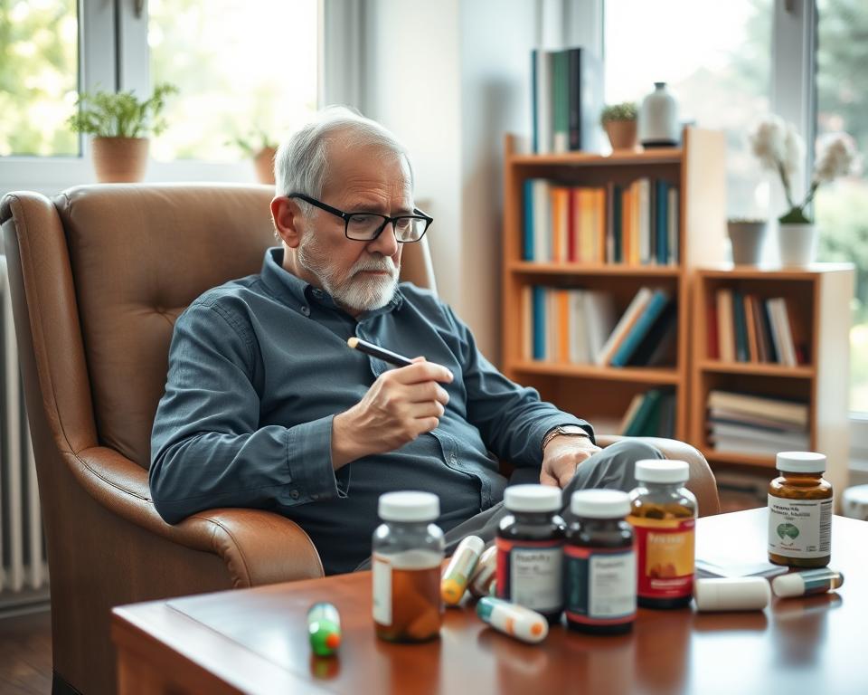 A senior man in his sixties, sitting comfortably in a cozy armchair, surrounded by various health supplements on a side table. He is thoughtfully examining a vitamin bottle, wearing smart casual attire with glasses perched on his nose. The foreground features a warm, inviting environment with soft, natural lighting streaming in from a nearby window, illuminating the rich wooden furniture. In the middle ground, a bookshelf filled with health-related books hints at an interest in well-being. The background shows a serene garden visible through the window, promoting a peaceful ambiance. The mood reflects contemplation and care for health, emphasizing the man's specific needs as he navigates his wellness journey in later life.