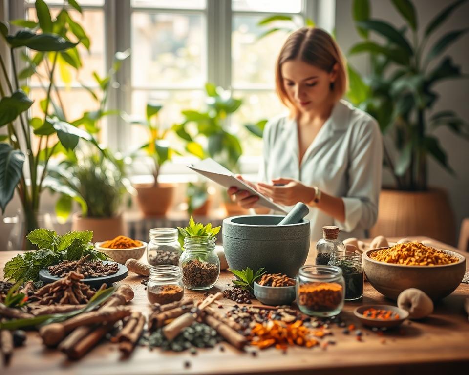 A serene and inviting herbal workshop scene focused on female libido enhancement. In the foreground, a wooden table is adorned with an array of vibrant herbs and spices, including ashwagandha, maca root, and damiana, surrounded by small glass jars and mortar and pestle. In the middle ground, a knowledgeable woman, dressed in professional yet casual attire, is gently mixing ingredients while studying a notebook filled with notes on natural remedies. The background features lush green indoor plants, sunlight filtering through a window, casting soft shadows and creating a warm, calming atmosphere. The image conveys a sense of health, wellness, and empowerment, inviting viewers to explore the world of herbal supplements for women. A serene and inviting herbal workshop scene focused on female libido enhancement. In the foreground, a wooden table is adorned with an array of vibrant herbs and spices, including ashwagandha, maca root, and damiana, surrounded by small glass jars and mortar and pestle. In the middle ground, a knowledgeable woman, dressed in professional yet casual attire, is gently mixing ingredients while studying a notebook filled with notes on natural remedies. The background features lush green indoor plants, sunlight filtering through a window, casting soft shadows and creating a warm, calming atmosphere. The image conveys a sense of health, wellness, and empowerment, inviting viewers to explore the world of herbal supplements for women.