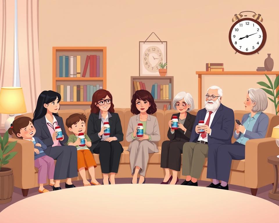 A serene and inviting illustration depicting the concept of "safety in the use of melatonin across different age groups." In the foreground, a diverse group of individuals representing various ages, from children to seniors, are seated in a comfortable, well-lit room, each holding a melatonin bottle. They are dressed in professional business attire or modest casual clothing, discussing and sharing insights about melatonin use. In the middle ground, a softly glowing bedside lamp casts a warm light, symbolizing restful sleep. The background features calming elements like a bookshelf filled with health and wellness books and a clock showing the time approaching bedtime. The overall atmosphere is peaceful, promoting a sense of trust and reassurance about melatonin use for sleep. The lighting is warm and inviting, suggesting a tranquil evening setting. A serene and inviting illustration depicting the concept of "safety in the use of melatonin across different age groups." In the foreground, a diverse group of individuals representing various ages, from children to seniors, are seated in a comfortable, well-lit room, each holding a melatonin bottle. They are dressed in professional business attire or modest casual clothing, discussing and sharing insights about melatonin use. In the middle ground, a softly glowing bedside lamp casts a warm light, symbolizing restful sleep. The background features calming elements like a bookshelf filled with health and wellness books and a clock showing the time approaching bedtime. The overall atmosphere is peaceful, promoting a sense of trust and reassurance about melatonin use for sleep. The lighting is warm and inviting, suggesting a tranquil evening setting.