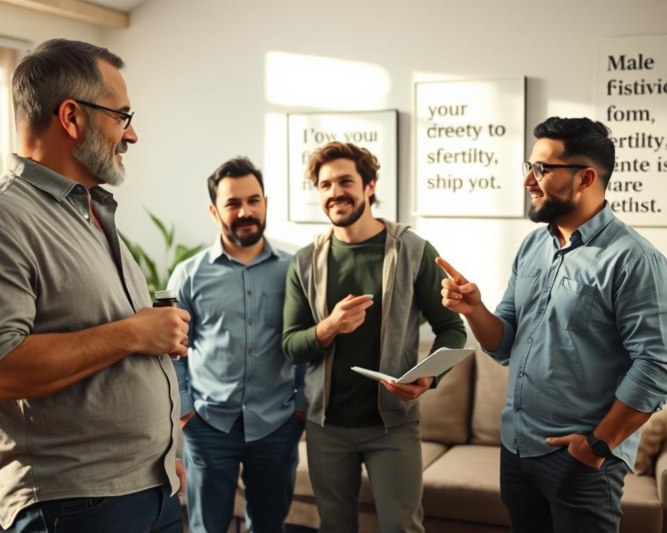 A serene and supportive environment depicting a group of diverse men in casual, modest clothing, engaged in a discussion about fertility. In the foreground, a middle-aged man holding a bottle of supplements is leaning forward, attentively listening to a younger man sharing his insights. The middle ground features two other men, one taking notes on a notepad, while the other gestures with hopefulness. Soft, natural lighting illuminates the scene, creating a warm and encouraging atmosphere. The background shows a cozy, modern living room with plants and motivational quotes on the walls. The image conveys a sense of camaraderie and focus on male fertility support, emphasizing hope and knowledge sharing among friends.