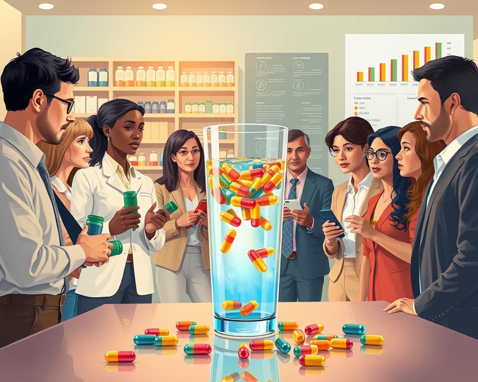 A serene and vibrant illustration depicting the concept of "body saturation" with supplements. In the foreground, a diverse group of professionals in modest business attire are engaged in a discussion, holding various supplement bottles. Their expressions convey curiosity and thoughtful consideration. The middle ground features a large, filled water glass, symbolizing hydration and nutrient absorption, with colorful capsules scattered around it. In the background, a softly lit room with shelves of health products and charts depicting nutrient absorption over time. Use warm and inviting lighting to create an atmosphere of wellness and knowledge. The angle should be slightly elevated to encompass the entire scene, with a focus on the interaction between individuals and the supplements. A serene and vibrant illustration depicting the concept of "body saturation" with supplements. In the foreground, a diverse group of professionals in modest business attire are engaged in a discussion, holding various supplement bottles. Their expressions convey curiosity and thoughtful consideration. The middle ground features a large, filled water glass, symbolizing hydration and nutrient absorption, with colorful capsules scattered around it. In the background, a softly lit room with shelves of health products and charts depicting nutrient absorption over time. Use warm and inviting lighting to create an atmosphere of wellness and knowledge. The angle should be slightly elevated to encompass the entire scene, with a focus on the interaction between individuals and the supplements.