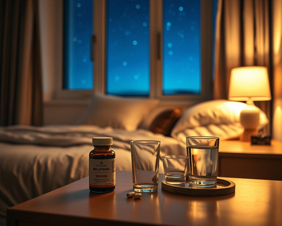 A serene bedroom scene depicting a calm atmosphere associated with sleep and melatonin usage. In the foreground, a neatly arranged bedside table holds a small bottle of melatonin capsules and a glass of water, illuminated softly by the gentle glow of a bedside lamp. The middle ground features a plush bed with inviting linens and a couple of decorative pillows, creating a cozy ambiance. In the background, a window reveals a tranquil night sky with stars twinkling, enhancing the theme of nighttime rest. The overall lighting is warm, casting a soothing tone throughout the scene. The mood is peaceful and inviting, capturing the essence of preparing for a restful night’s sleep. A serene bedroom scene depicting a calm atmosphere associated with sleep and melatonin usage. In the foreground, a neatly arranged bedside table holds a small bottle of melatonin capsules and a glass of water, illuminated softly by the gentle glow of a bedside lamp. The middle ground features a plush bed with inviting linens and a couple of decorative pillows, creating a cozy ambiance. In the background, a window reveals a tranquil night sky with stars twinkling, enhancing the theme of nighttime rest. The overall lighting is warm, casting a soothing tone throughout the scene. The mood is peaceful and inviting, capturing the essence of preparing for a restful night’s sleep.