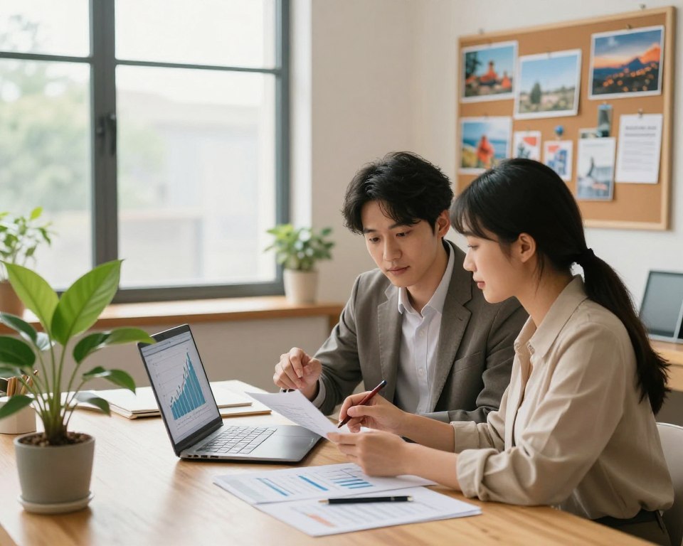 A serene financial landscape depicting the journey to financial independence, featuring a well-dressed young couple sitting at a table with laptops and financial documents spread out before them. They are engaged in discussion, gazing at future investment opportunities. In the foreground, an elegant plant symbolizes growth and prosperity. The middle ground shows a chart on the laptop screen with rising graphs, and a vision board filled with images of travel and freedom is pinned to the wall. In the background, a large window with natural light streaming in, illuminating the cozy, modern workspace. The atmosphere is optimistic and focused, encouraging the viewer to envision their path to financial freedom. Use soft, warm lighting to enhance the inviting mood, evoking hope and ambition.