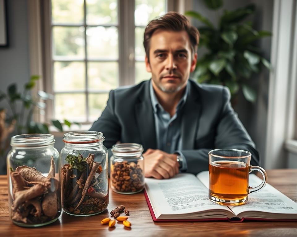 A serene, focused man in his 40s, dressed in a smart casual outfit, is seated at a well-lit wooden desk surrounded by nature. In the foreground, elegant glass jars filled with colorful adaptogenic herbs and roots reflect sunlight. The middle ground features an open notebook with notes about stress management and a steaming cup of herbal tea. The background reveals lush greenery through a large window, symbolizing calm and connection to nature. Soft, diffused lighting creates an inviting atmosphere. The overall mood conveys tranquility and wellness, emphasizing the importance of adaptogens in stress support for men. The camera angle is slightly tilted above the desk, capturing the scene with warm tones and inviting details. A serene, focused man in his 40s, dressed in a smart casual outfit, is seated at a well-lit wooden desk surrounded by nature. In the foreground, elegant glass jars filled with colorful adaptogenic herbs and roots reflect sunlight. The middle ground features an open notebook with notes about stress management and a steaming cup of herbal tea. The background reveals lush greenery through a large window, symbolizing calm and connection to nature. Soft, diffused lighting creates an inviting atmosphere. The overall mood conveys tranquility and wellness, emphasizing the importance of adaptogens in stress support for men. The camera angle is slightly tilted above the desk, capturing the scene with warm tones and inviting details.