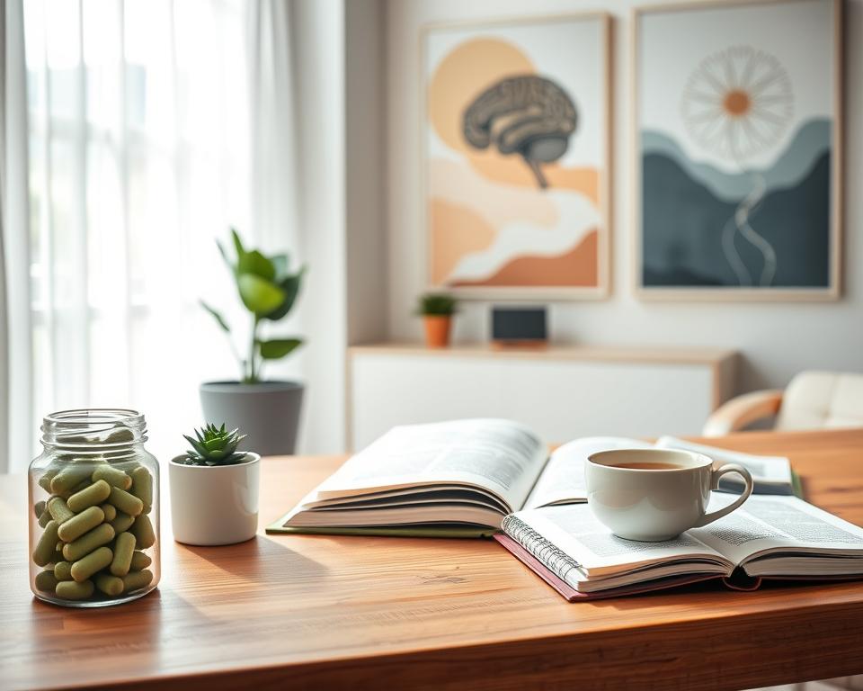 A serene interior scene showcasing a stylish, modern workspace dedicated to wellness and relaxation. In the foreground, a wooden desk features a glass jar filled with green magnesium supplements alongside a small potted plant, symbolizing vitality. In the middle ground, soft, diffused natural light floods through a large window, gently illuminating a calming arrangement of open books on nutrition and wellness with notes and a steaming cup of herbal tea. The background features abstract art on the walls representing neural pathways and brain health in soothing colors, creating a sense of tranquility and focus. The atmosphere feels peaceful and reflective, embodying the nurturing impact of magnesium and B vitamins on the nervous system.