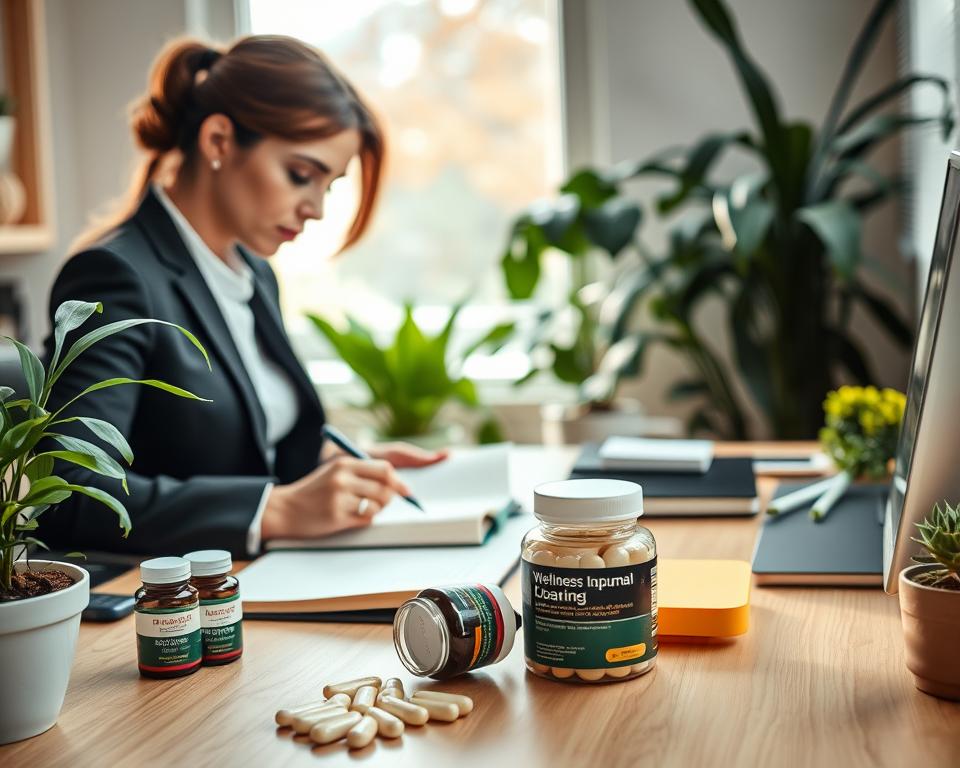 A serene, inviting workspace featuring a well-organized desk with supplements for libido improvement prominently displayed. In the foreground, a person in professional business attire, focused on a wellness journal while taking notes, embodies a commitment to changing habits. The middle layer includes a plant-rich background with a calming color palette, enhancing the atmosphere of tranquility and health. Soft, natural light streams in from a window, casting gentle shadows and creating a warm, motivational vibe. The image should evoke a sense of positivity and personal growth, highlighting the connection between lifestyle changes and improved well-being, without any distracting elements or text. A serene, inviting workspace featuring a well-organized desk with supplements for libido improvement prominently displayed. In the foreground, a person in professional business attire, focused on a wellness journal while taking notes, embodies a commitment to changing habits. The middle layer includes a plant-rich background with a calming color palette, enhancing the atmosphere of tranquility and health. Soft, natural light streams in from a window, casting gentle shadows and creating a warm, motivational vibe. The image should evoke a sense of positivity and personal growth, highlighting the connection between lifestyle changes and improved well-being, without any distracting elements or text.