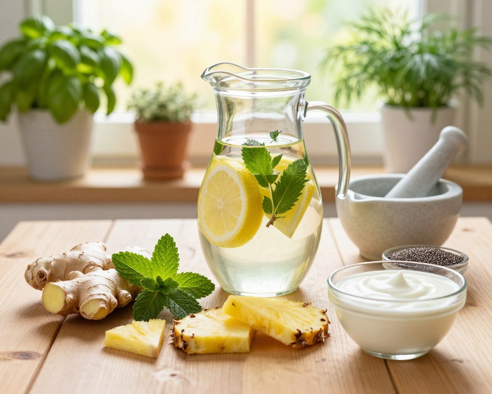 A serene kitchen setting showcasing natural methods to support protein digestion. In the foreground, a wooden table laden with fresh, whole foods such as ginger, peppermint leaves, pineapple slices, and yogurt, symbolizing digestive aids. The middle ground features a glass pitcher of infused water with lemon and herbs, surrounded by a mortar and pestle, and a small bowl of chia seeds. The background shows soft-focus potted herbs, like basil and dill, creating a calming ambiance with warm, natural sunlight streaming through a window. The overall atmosphere is inviting and healthy, capturing the essence of natural digestion remedies. The composition emphasizes freshness and wellness, with warm tones to convey comfort and ease. A serene kitchen setting showcasing natural methods to support protein digestion. In the foreground, a wooden table laden with fresh, whole foods such as ginger, peppermint leaves, pineapple slices, and yogurt, symbolizing digestive aids. The middle ground features a glass pitcher of infused water with lemon and herbs, surrounded by a mortar and pestle, and a small bowl of chia seeds. The background shows soft-focus potted herbs, like basil and dill, creating a calming ambiance with warm, natural sunlight streaming through a window. The overall atmosphere is inviting and healthy, capturing the essence of natural digestion remedies. The composition emphasizes freshness and wellness, with warm tones to convey comfort and ease.