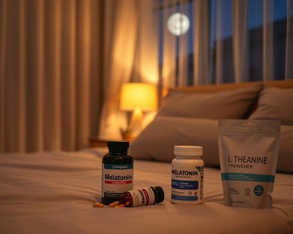 A serene nighttime setting featuring an inviting bedroom atmosphere. In the foreground, a neatly made bed adorned with soft, neutral-colored linens, surrounded by a few carefully arranged supplements: melatonin capsules, a bottle of magnesium tablets, and a package of L-theanine powder, all elegantly displayed on a bedside table. The middle ground shows a warm, softly glowing bedside lamp creating a cozy ambiance. In the background, light curtains gently swaying, hinting at a moonlit night outside. The overall lighting is warm and calming, evoking a sense of tranquility. The scene captures the essence of restful sleep and the importance of supplements in promoting relaxation and a good night’s rest.
