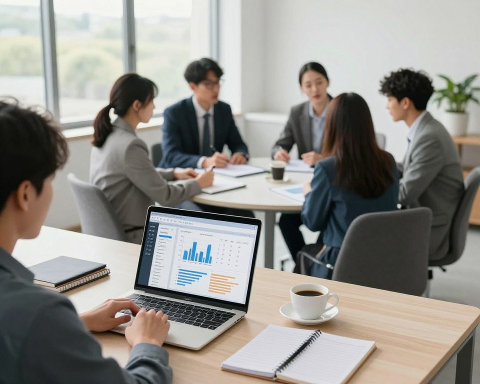A serene office environment capturing a blend of productivity management strategies. In the foreground, a well-organized desk features a laptop displaying graphs and time management tools, surrounded by neatly arranged notebooks and a cup of coffee. In the middle ground, a diverse group of professionals in business attire collaborate around a round table, discussing strategies; their expressions convey focus and determination. The background offers a large window revealing a bright, sunny day, symbolizing clarity and motivation. Soft, natural lighting floods the room, creating an inviting and inspiring atmosphere. The camera angle is slightly elevated, giving an overview of the scene while highlighting the elements of deep work versus multitasking. A serene office environment capturing a blend of productivity management strategies. In the foreground, a well-organized desk features a laptop displaying graphs and time management tools, surrounded by neatly arranged notebooks and a cup of coffee. In the middle ground, a diverse group of professionals in business attire collaborate around a round table, discussing strategies; their expressions convey focus and determination. The background offers a large window revealing a bright, sunny day, symbolizing clarity and motivation. Soft, natural lighting floods the room, creating an inviting and inspiring atmosphere. The camera angle is slightly elevated, giving an overview of the scene while highlighting the elements of deep work versus multitasking.