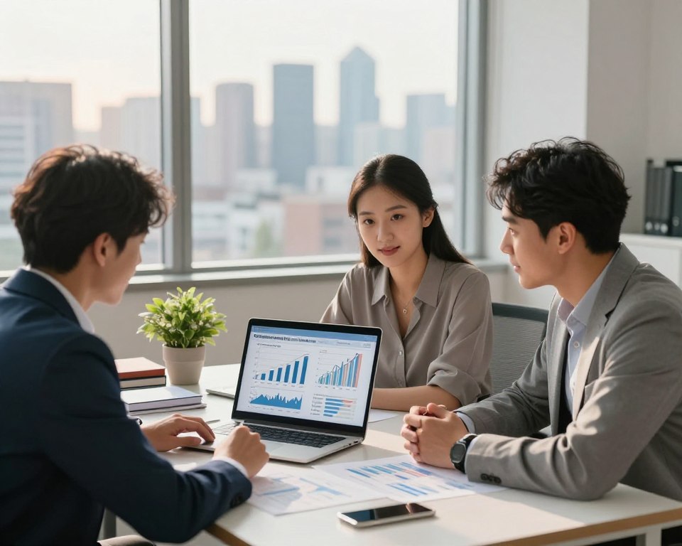 A serene office environment focused on dividend investing and tax optimization. In the foreground, a diverse group of three professionals (a male analyst in a smart suit, a female investor in a chic blouse, and a male advisor in business casual) are discussing financial graphs and charts displayed on a sleek laptop. The middle ground features a well-organized desk with a potted plant and financial books. The background has a large window showcasing a city skyline, bathed in warm, natural light suggesting either early morning or late afternoon. The atmosphere is collaborative, focused, and optimistic, capturing the essence of financial growth and strategic planning in dividend investing. The scene is shot from a slightly elevated angle to provide depth and insight into the discussion dynamics.