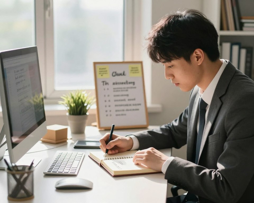 A serene office environment in the foreground, featuring a focused young man in professional business attire, writing in a journal, symbolizing personal growth and identity formation. In the middle ground, a well-organized desk with motivational quotes on sticky notes, a small plant, and a vision board highlighting goals. The background showcases a bright window with gentle sunlight streaming in, illuminating the space and casting soft shadows. The atmosphere is calm and inspiring, reflecting the connection between environment and habit-building. The image is captured from a slightly elevated angle, emphasizing the scene’s depth and inviting warmth. Control the lighting to enhance the feeling of productivity and purposefulness.