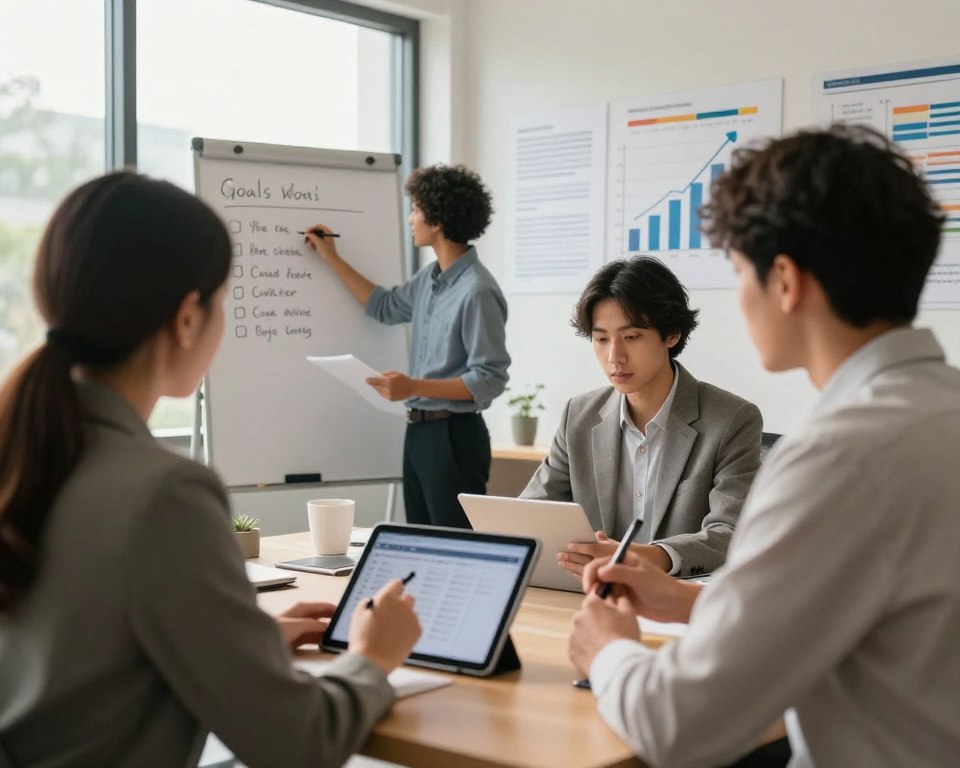 A serene office setting featuring a diverse group of professionals engaged in micro-actions related to productivity. In the foreground, two individuals in business attire are collaboratively brainstorming on a digital tablet, showcasing the importance of small, consistent efforts. In the middle ground, a person is diligently writing goals on a whiteboard, while another checks off tasks on a checklist, embodying the theme of perseverance. The background reveals a motivational wall with visual graphs and progress indicators, emphasizing growth and discipline. Soft, natural lighting streams in through large windows, creating a warm and focused atmosphere. The overall mood is one of determination, clarity, and focused teamwork, inviting the viewer to appreciate the significance of small, actionable steps in achieving long-term success. A serene office setting featuring a diverse group of professionals engaged in micro-actions related to productivity. In the foreground, two individuals in business attire are collaboratively brainstorming on a digital tablet, showcasing the importance of small, consistent efforts. In the middle ground, a person is diligently writing goals on a whiteboard, while another checks off tasks on a checklist, embodying the theme of perseverance. The background reveals a motivational wall with visual graphs and progress indicators, emphasizing growth and discipline. Soft, natural lighting streams in through large windows, creating a warm and focused atmosphere. The overall mood is one of determination, clarity, and focused teamwork, inviting the viewer to appreciate the significance of small, actionable steps in achieving long-term success.