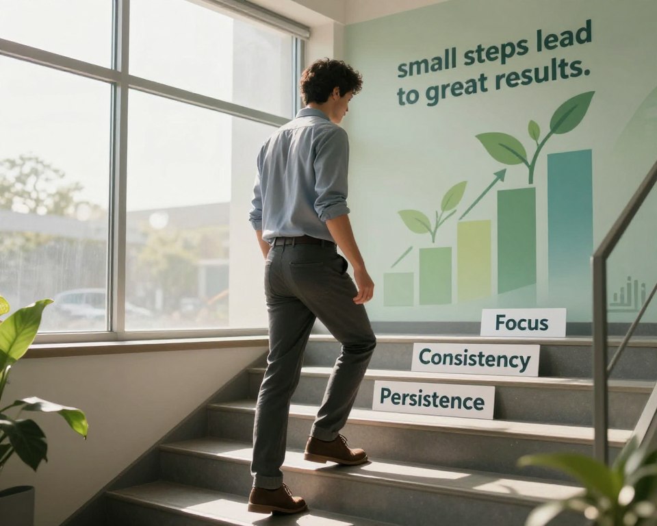 A serene office setting highlighting the concept of "small steps lead to great results." In the foreground, a professional man in modest casual clothing is seen stepping onto a staircase, each step representing a small goal, with markers labeled "Focus," "Consistency," and "Persistence." The middle ground features a large window allowing soft, diffused natural sunlight to illuminate the scene, casting gentle shadows and creating a calm atmosphere. In the background, a motivational wall mural shows abstract representations of growth, like upward-trending charts and leaves sprouting. The image should capture a sense of determination and optimism, with a warm color palette of greens and blues, evoking feelings of hope and progress. Use a slightly elevated angle to emphasize the steps leading up to success.