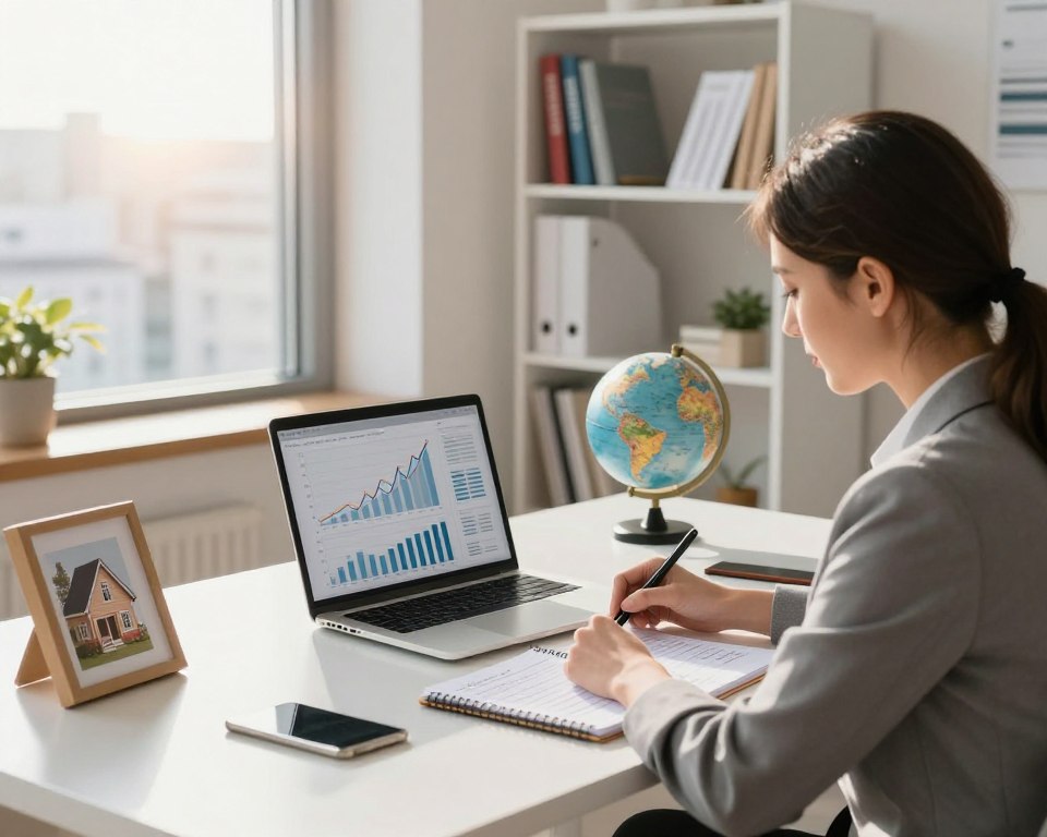 A serene office space representing financial freedom in Poland, featuring a modern desk with a sleek laptop, financial graphs on the screen displaying growth, and a notepad filled with budgeting notes. In the foreground, a confident individual in professional business attire is analyzing their finances, surrounded by motivational items like a framed picture of a dream home and a globe symbolizing travel. The middle ground includes a bookshelf filled with personal finance books and educational materials about the FIRE movement. The background shows a large window with a view of a cityscape, bathed in warm sunlight, creating an uplifting and aspirational atmosphere. The lighting is soft yet bright, emphasizing a hopeful future. The composition is balanced and tidy, invoking feelings of focus and ambition.