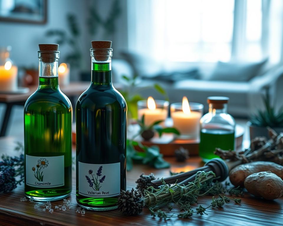 A serene still life composition featuring a variety of herbal extracts known for their calming properties. In the foreground, display elegant glass bottles filled with deep green and amber liquids, labeled with botanical illustrations of ingredients like chamomile, lavender, and valerian root. The middle ground showcases a wooden table adorned with fresh plants and dried herbs, surrounded by soft candlelight casting a warm glow. The background should include a softly blurred view of a peaceful room with a cozy atmosphere, featuring gentle hues of blue and white. The lighting should be soft and diffused, evoking a sense of tranquility and relaxation. The overall mood should inspire calmness and introspection, perfect for highlighting natural remedies for sleep.