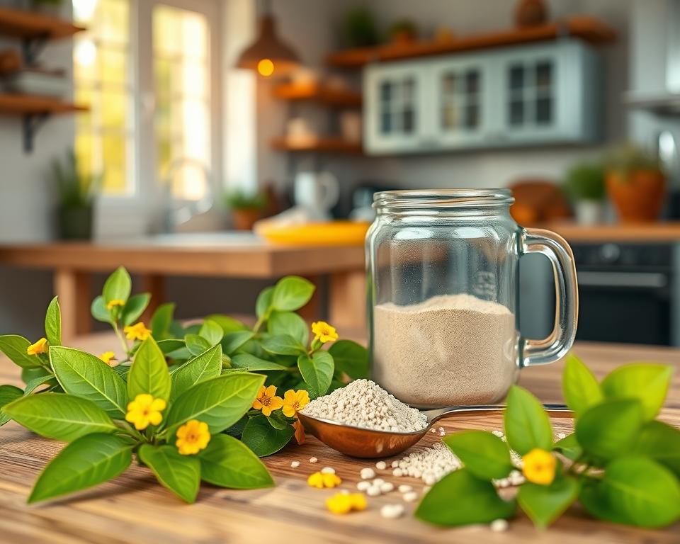 A serene still-life composition featuring an assortment of fresh Tribulus terrestris plants, known as buzdyganka naziemnego, on a wooden table. In the foreground, showcase bright green leaves and small yellow flowers, delicately arranged to highlight their natural beauty. In the middle ground, include a clean glass jar filled with powdered supplement, with a measuring spoon resting beside it, symbolizing safe usage guidelines. The background should have a soft-focus view of a cozy, well-lit kitchen with warm, natural light filtering through a window, creating a calm and inviting atmosphere. The overall mood should reflect safety and professionalism, emphasizing natural health and wellness. The image should be captured with a slight top-down angle, enhancing dimensionality, while maintaining clarity and focus on the main subjects. A serene still-life composition featuring an assortment of fresh Tribulus terrestris plants, known as buzdyganka naziemnego, on a wooden table. In the foreground, showcase bright green leaves and small yellow flowers, delicately arranged to highlight their natural beauty. In the middle ground, include a clean glass jar filled with powdered supplement, with a measuring spoon resting beside it, symbolizing safe usage guidelines. The background should have a soft-focus view of a cozy, well-lit kitchen with warm, natural light filtering through a window, creating a calm and inviting atmosphere. The overall mood should reflect safety and professionalism, emphasizing natural health and wellness. The image should be captured with a slight top-down angle, enhancing dimensionality, while maintaining clarity and focus on the main subjects.