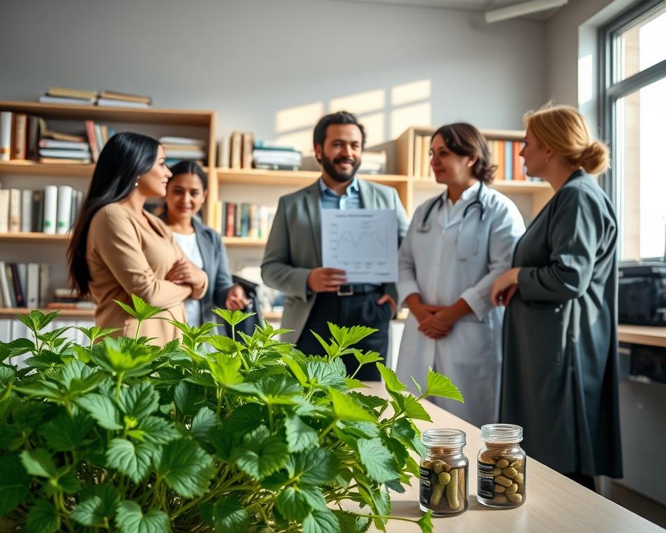 A serene, well-lit laboratory environment showcasing a diverse group of professionals in modest casual attire discussing the effects of Tribulus terrestris on libido and sexual health. In the foreground, a close-up of a table filled with vibrant green Tribulus terrestris plants and supplements. In the middle, two scientists, one male and one female, are engaged in conversation, pointing at a chart illustrating hormonal levels. The background features shelves stocked with textbooks and research materials, creating an academic atmosphere. Soft, natural lighting filters through a window, casting gentle shadows that enhance the welcoming mood of the scene, representing scientific inquiry and professionalism. The focus is on the collaborative exchange of ideas and knowledge on the topic. A serene, well-lit laboratory environment showcasing a diverse group of professionals in modest casual attire discussing the effects of Tribulus terrestris on libido and sexual health. In the foreground, a close-up of a table filled with vibrant green Tribulus terrestris plants and supplements. In the middle, two scientists, one male and one female, are engaged in conversation, pointing at a chart illustrating hormonal levels. The background features shelves stocked with textbooks and research materials, creating an academic atmosphere. Soft, natural lighting filters through a window, casting gentle shadows that enhance the welcoming mood of the scene, representing scientific inquiry and professionalism. The focus is on the collaborative exchange of ideas and knowledge on the topic.