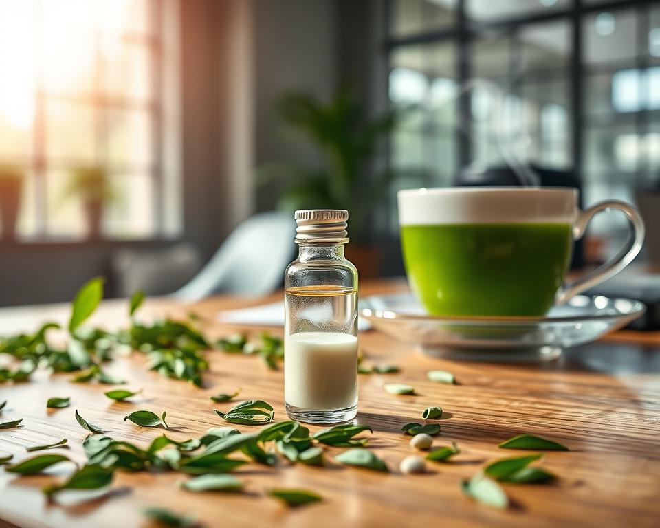 A serene workspace featuring a small, elegant glass vial of L-theanine on a polished wooden desk, surrounded by scattered green tea leaves and a steaming cup of green tea. In the background, there is a soft-focus of a modern office with natural light flooding through large windows, creating a calm and focused atmosphere. The foreground highlights the vial with a gentle light that creates a soft glow, emphasizing its importance in reducing stress and enhancing concentration. The scene conveys tranquility and clarity, showcasing the benefits of L-theanine in a visually appealing manner, perfect for illustrating its role in improving focus without distraction. The overall mood is peaceful and inviting, ideal for a professional audience. A serene workspace featuring a small, elegant glass vial of L-theanine on a polished wooden desk, surrounded by scattered green tea leaves and a steaming cup of green tea. In the background, there is a soft-focus of a modern office with natural light flooding through large windows, creating a calm and focused atmosphere. The foreground highlights the vial with a gentle light that creates a soft glow, emphasizing its importance in reducing stress and enhancing concentration. The scene conveys tranquility and clarity, showcasing the benefits of L-theanine in a visually appealing manner, perfect for illustrating its role in improving focus without distraction. The overall mood is peaceful and inviting, ideal for a professional audience.