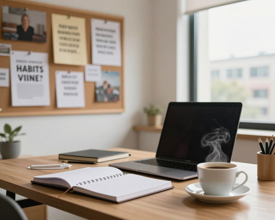 A serene workspace scene emphasizing the role of habits in daily productivity. In the foreground, a neatly organized desk features a planner, a laptop, and a steaming cup of coffee, symbolizing focus and routine. The middle area showcases a wall with a vision board filled with motivational quotes and images representing personal goals and achievements. The background includes a large window allowing soft, natural light to flood the space, with a glimpse of a cityscape outside. The atmosphere is calm and inspiring, promoting a sense of mindfulness and productivity. Use a warm color palette, and capture the scene with a shallow depth of field to draw attention to the foreground elements. The overall composition should evoke motivation and the importance of daily habits in achieving success.