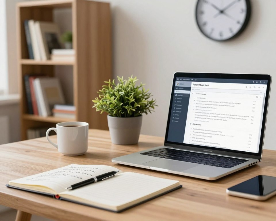 A sleek, modern workspace featuring a well-organized desk with practical tools and tips for daily productivity. In the foreground, showcase a laptop open to a productivity app, a notepad with handwritten notes on habit formation, and a stylish pen. In the middle, incorporate a potted plant for a touch of greenery and a coffee mug to suggest focus and energy. The background should display a minimalist bookshelf with organizational books and a wall clock indicating time management. Use soft, natural lighting to create a warm, inviting atmosphere, with a shallow depth of field highlighting the desk area. The overall mood should be motivating and conducive to personal growth, emphasizing a sense of professionalism and calm.
