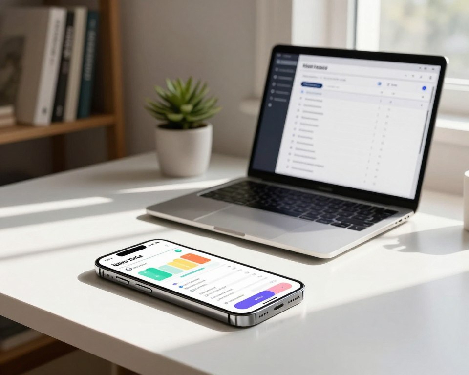 A sleek, modern workspace showcasing various smartphone applications designed for building habits. In the foreground, a well-organized desk features a smartphone displaying a colorful habit-tracking app interface with graphs and progress bars. In the middle ground, a laptop is open with a digital notepad showing a list of daily tasks and goals. The background includes a bookshelf with motivational books and a small indoor plant adding a touch of greenery. Soft, natural light filters in through a nearby window, casting gentle shadows on the desk, creating a calm and productive atmosphere. The composition emphasizes the blend of technology and productivity, inviting viewers to explore the best habit-building solutions of 2026.