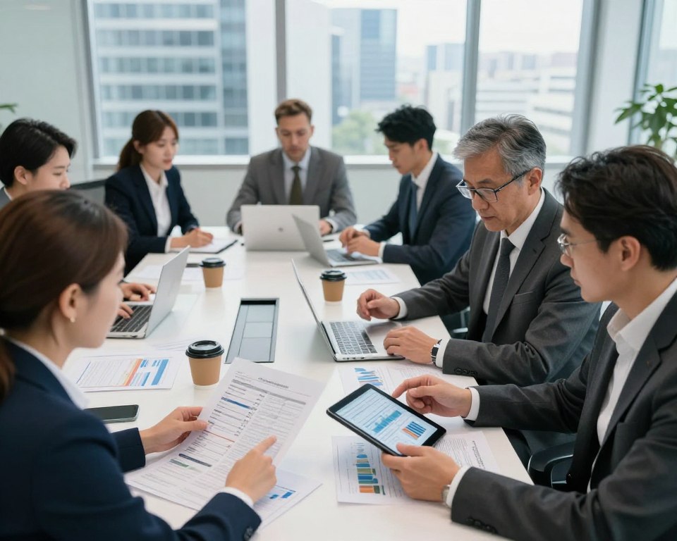 A sophisticated office environment featuring a diverse group of Czech bankers analyzing financial reports. In the foreground, a middle-aged male banker with glasses in a tailored suit examines graphs on a digital tablet, surrounded by colleagues, including a young female banker in a smart blazer, pointing at a report filled with data. In the middle ground, a large conference table is cluttered with papers, laptops, and coffee cups, indicating a busy working atmosphere. The background shows a large window revealing a modern city skyline, with soft natural light flooding the room. The scene conveys a sense of professionalism, collaboration, and financial analysis, embodying a serious yet dynamic environment. The image should be well-lit, shot from a slightly elevated angle to capture the interaction between the bankers and their work. A sophisticated office environment featuring a diverse group of Czech bankers analyzing financial reports. In the foreground, a middle-aged male banker with glasses in a tailored suit examines graphs on a digital tablet, surrounded by colleagues, including a young female banker in a smart blazer, pointing at a report filled with data. In the middle ground, a large conference table is cluttered with papers, laptops, and coffee cups, indicating a busy working atmosphere. The background shows a large window revealing a modern city skyline, with soft natural light flooding the room. The scene conveys a sense of professionalism, collaboration, and financial analysis, embodying a serious yet dynamic environment. The image should be well-lit, shot from a slightly elevated angle to capture the interaction between the bankers and their work.